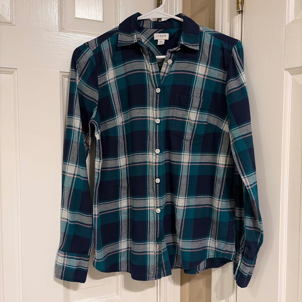J.Crew Womens Classic Fit Plaid Flannel Shirt Teal Blue XS 100% Cotton Button Up